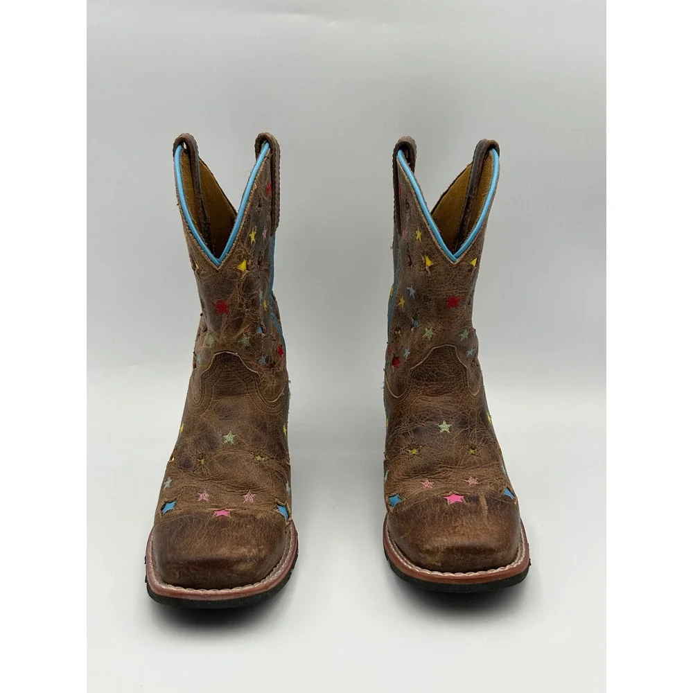 Dan Post Kids Brown Leather Star Embroidered Western Cowboy Boots Square Toe